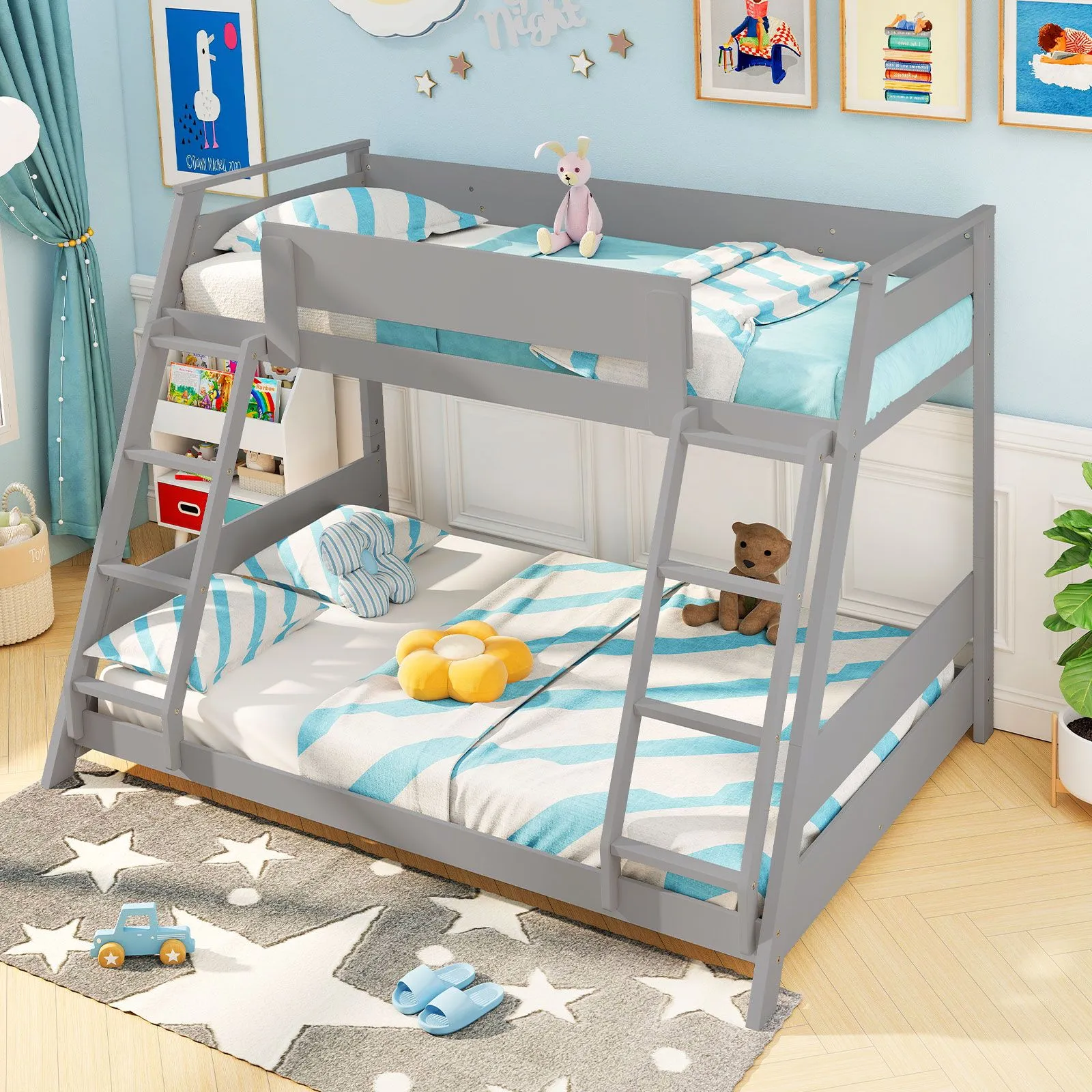 Costway 2-in-1 Single Over Double Bunk Bed Convertible Bed Frame w/ 2 Ladders in Grey 3