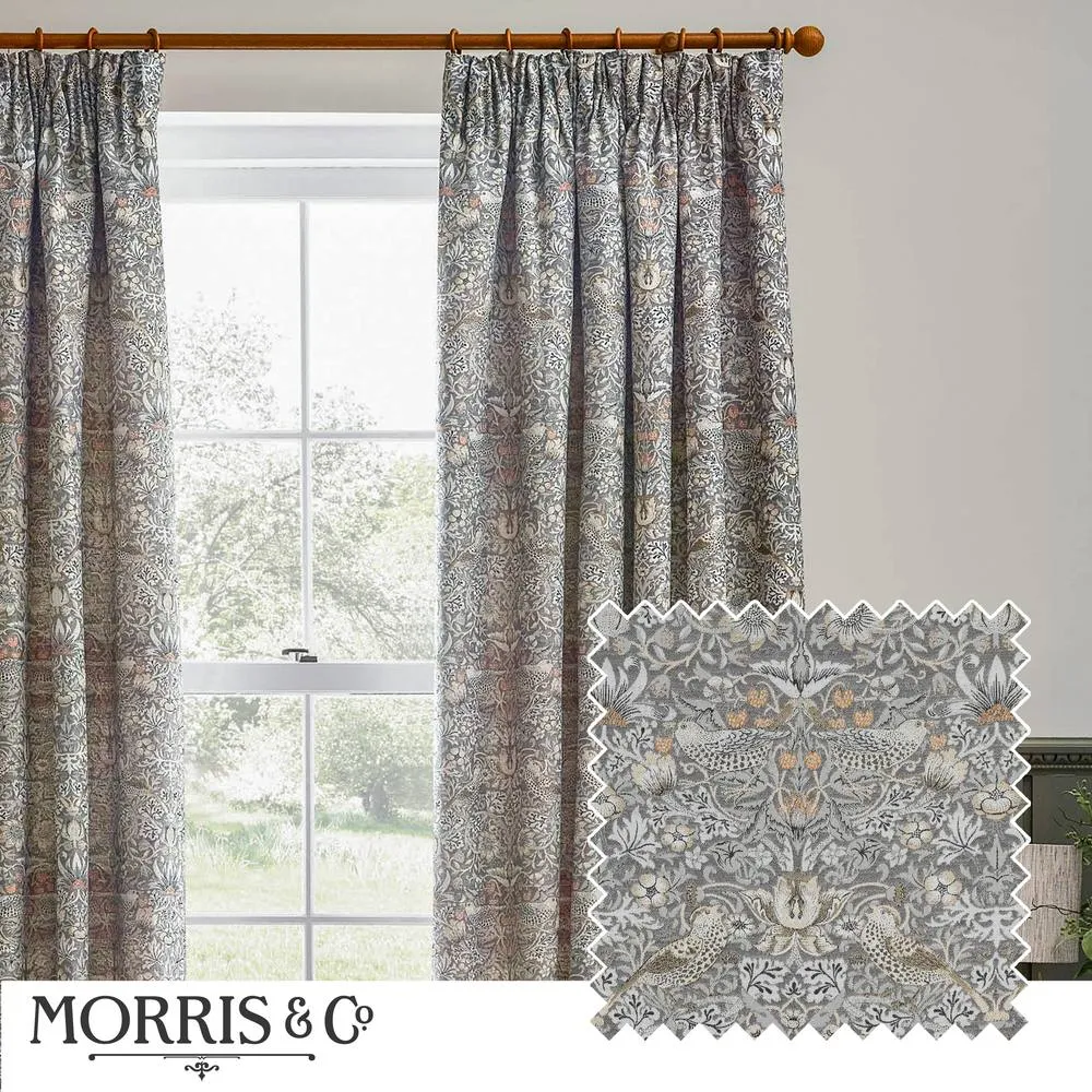 Morris & Co Strawberry Thief Jacquard Floral Room Darkening Pencil Pleat Curtain Pair in Beige