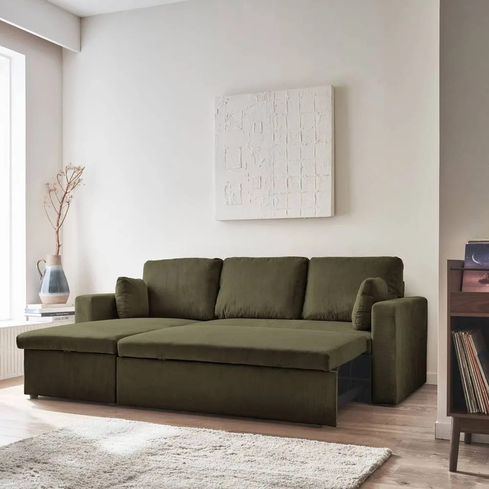 sweeek 3-seater corduroy corner sofa bed in Khaki 4