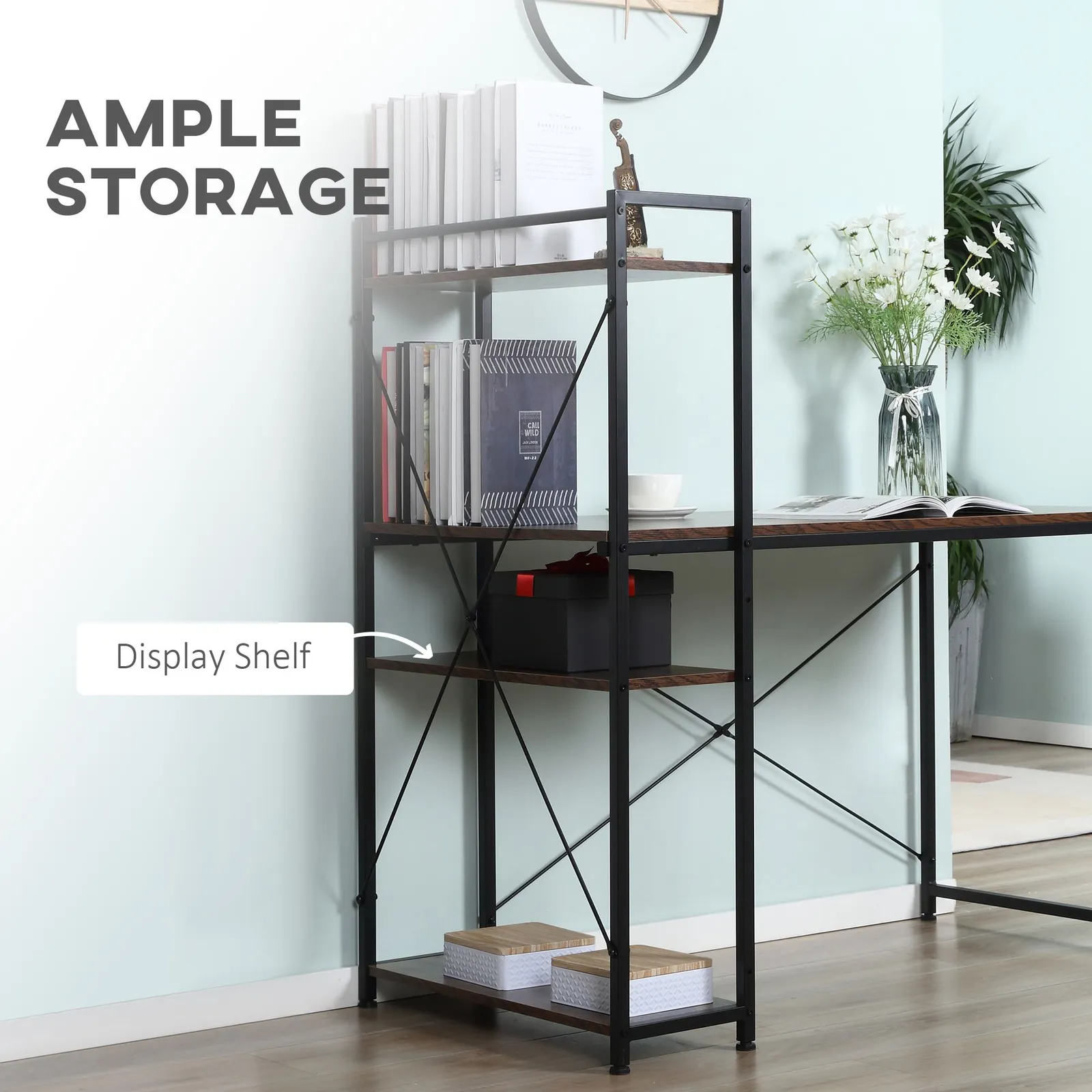HOMCOM Computer Desk Laptop Table w/4-tier Bookshelf Metal Frame in Brown 5