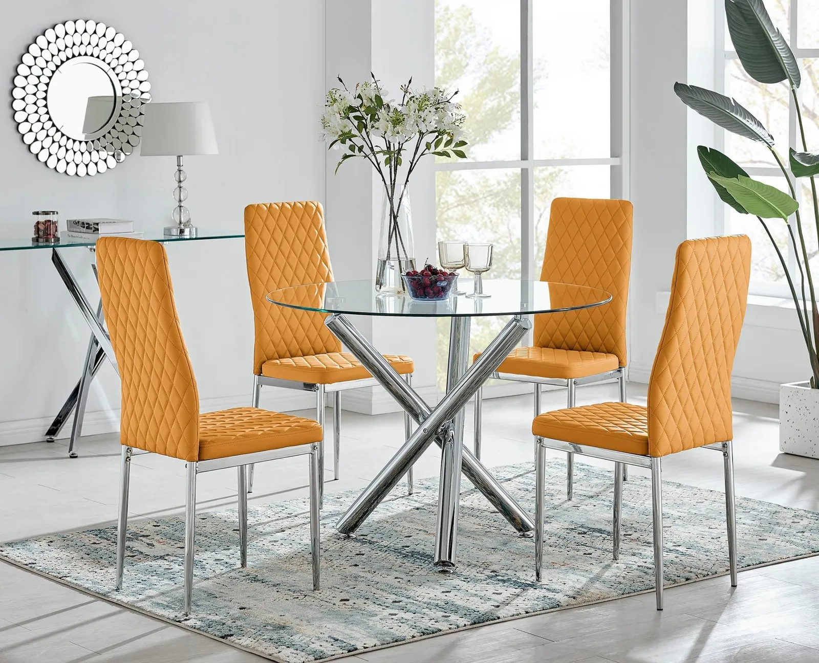 FurnitureboxUK Selina Chrome Round Glass Dining Table & 4 Milan Dining Chairs in Mustard 1