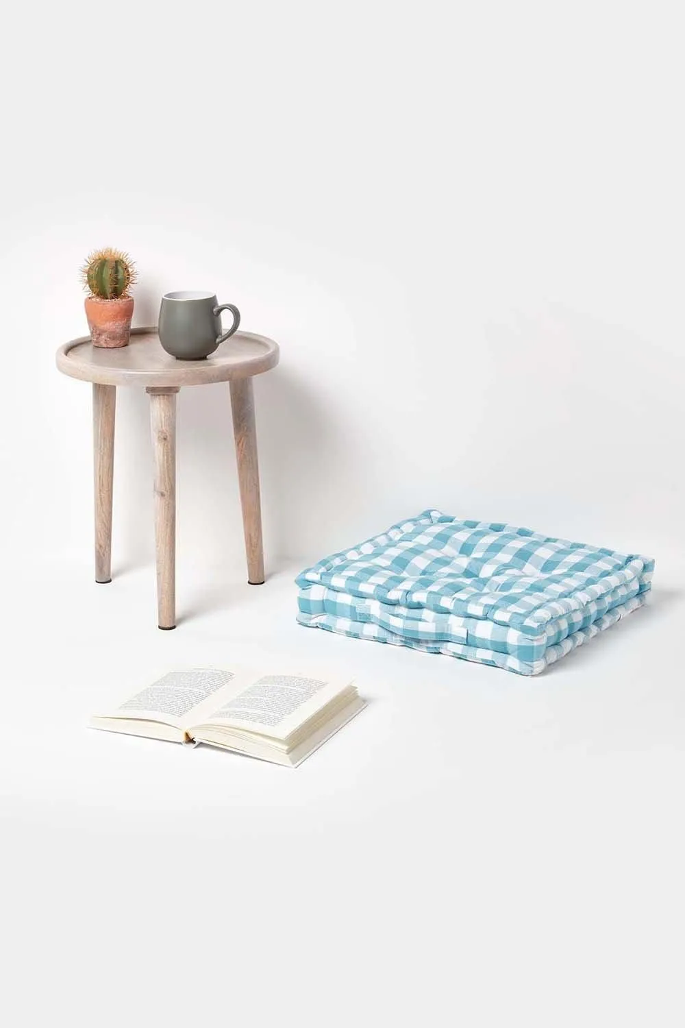 Homescapes Block Check Cotton Gingham Floor Cushion in Blue 2