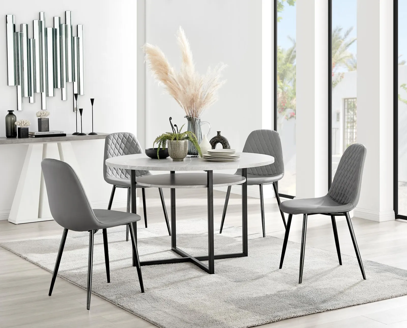 FurnitureboxUK Adley Grey Concrete Effect & Black Round Dining Table with Shelf & 4 Faux Leather Corona Dining Chairs 1