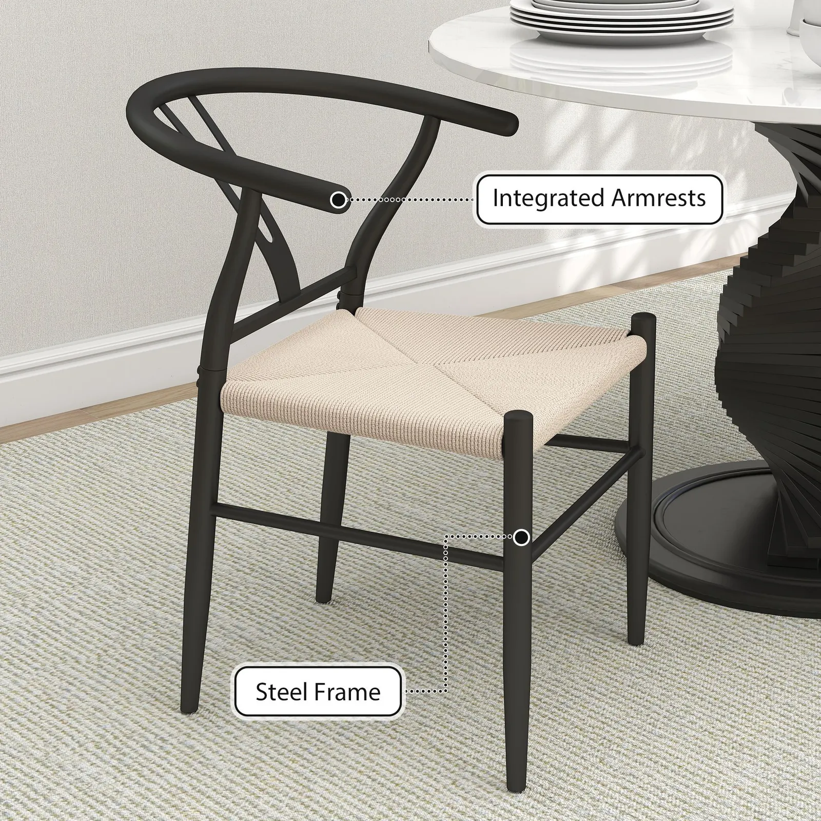 HOMCOM Weave Dining Chairs Set of 2 with Y-Shaped Backrest Hemp Seat Black 5