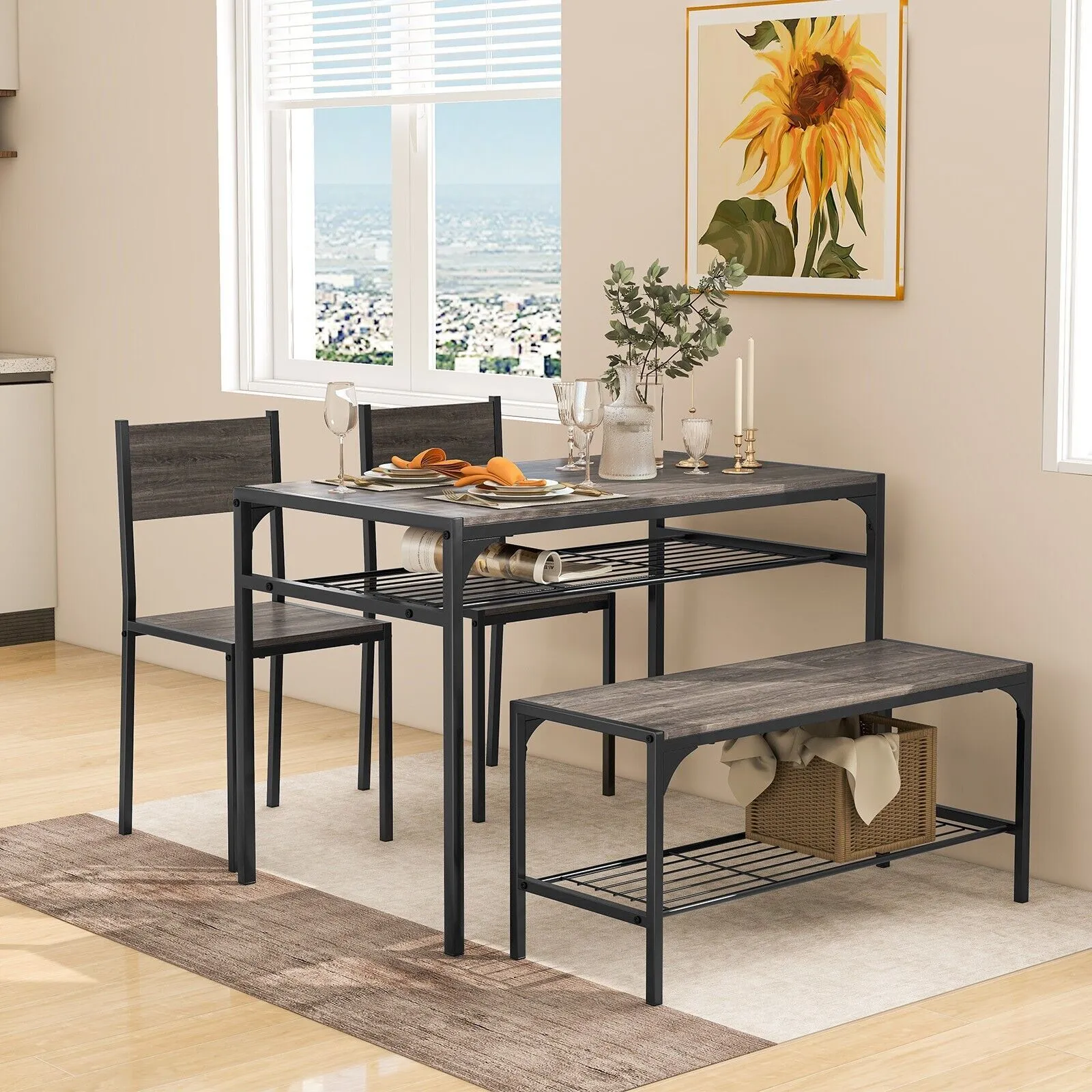 Costway 4PCS Dining Table Set Industrial Rectangular Kitchen Table w/ Chairs in Grey 3