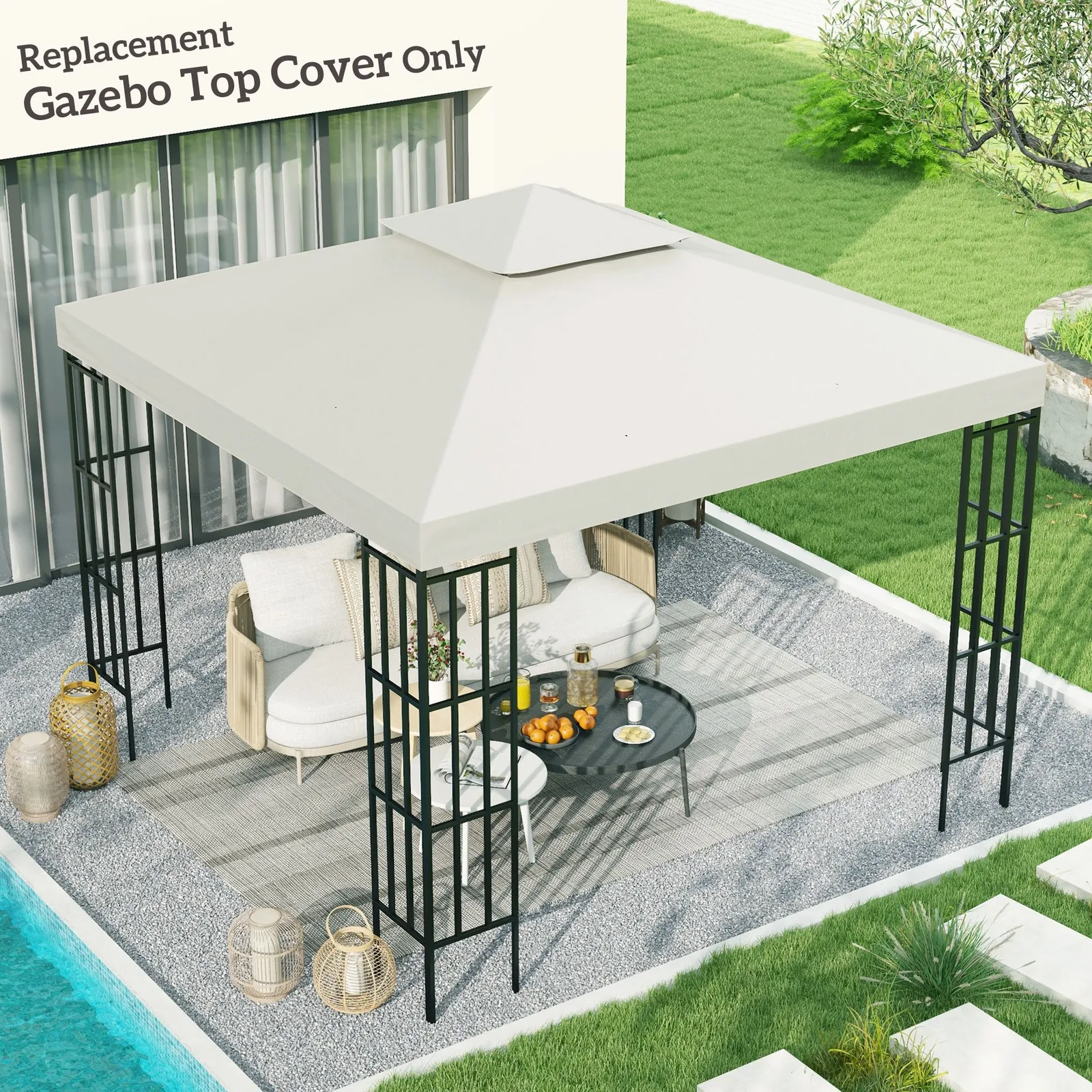 OUTSUNNY 3(m) 2 Tier Garden Gazebo Top Cover Replacement Canopy Roof in Cream 1