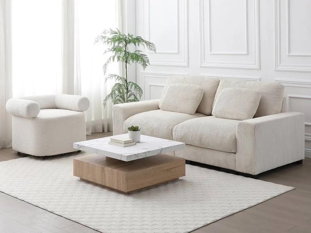 Vente-unique Swivel Coffee Table With 1 Drawer In MDF - White & Natural Marble in Light Oak