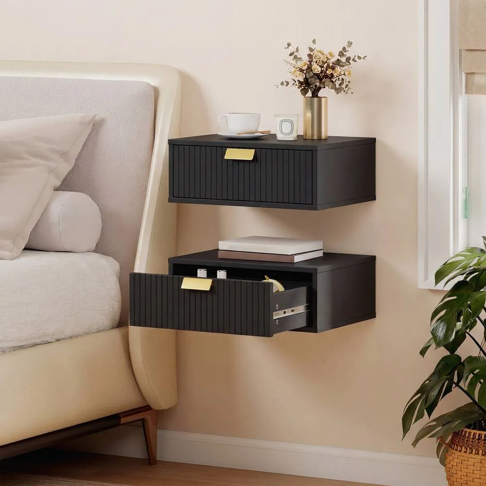 HOMCOM Floating Nightstands Set of 2 Bedside Tables w/ Wave Drawer in Black
