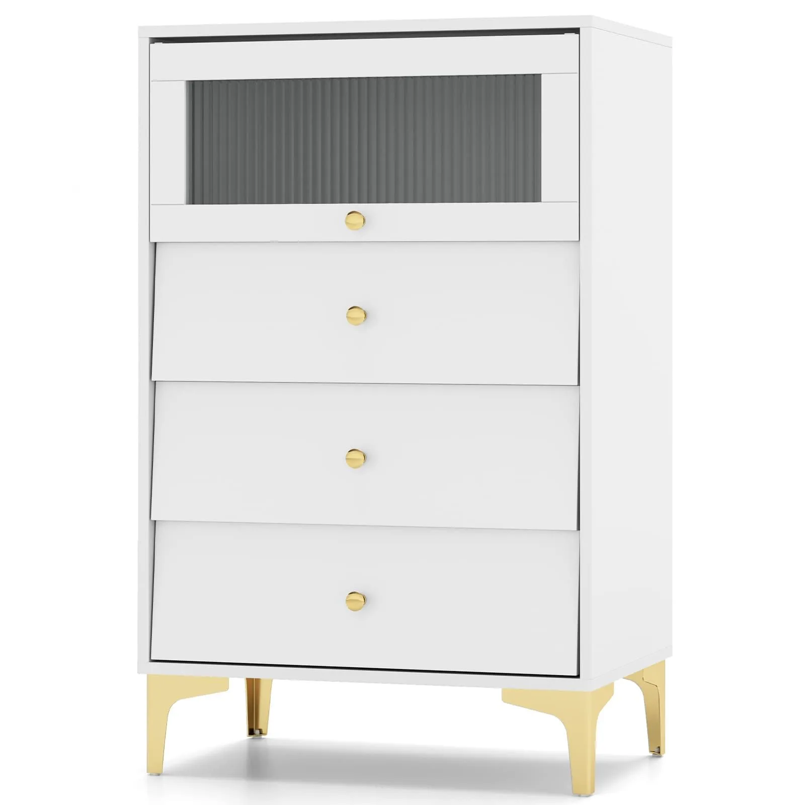 Costway 3 Drawer Dresser Modern Storage Cabinet w/ Flip Up Fluted Glass Door in Grey