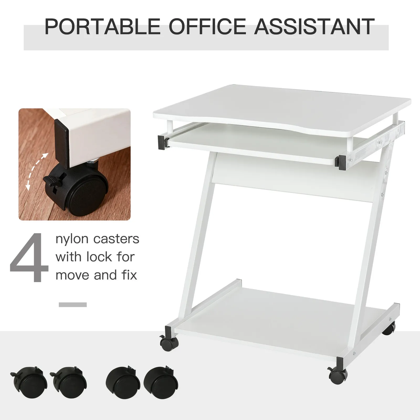 HOMCOM Movable Computer Desk with 4 Moving Wheels Sliding Keyboard Tray in White 4
