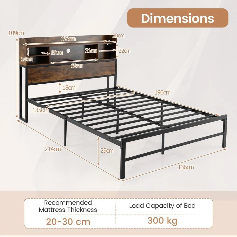Costway Double Size Bed Frame w/LED Lights&Charging Station Metal Platform Bed in Brown 2