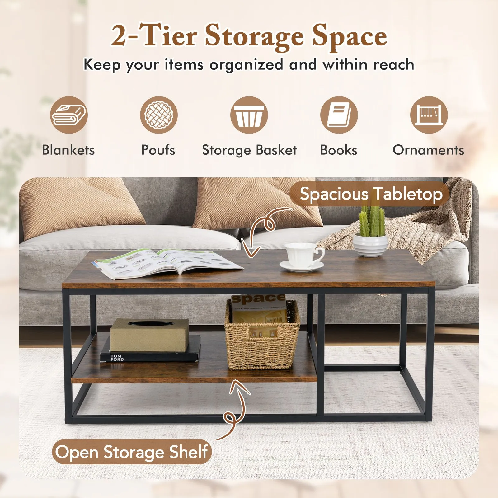 Costway 2-Tier Wooden Industrial Coffee Table 105cm Rectangle Center Table in Brown 3