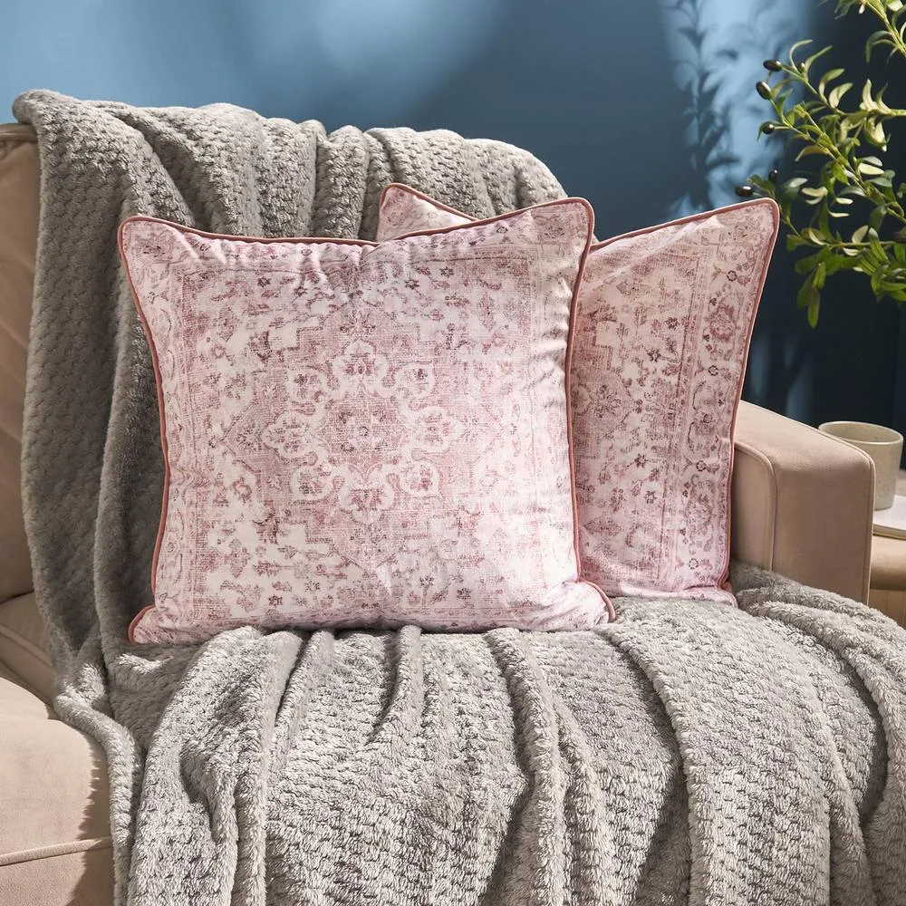 OHS 2 x Vintage Print Matte Velvet Cushion Covers Home Décor in Light Pink