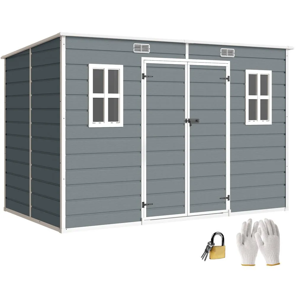OUTSUNNY 10 x 6 ft Plastic Garden Shed with Floor, Lockable Doors, Grey 2
