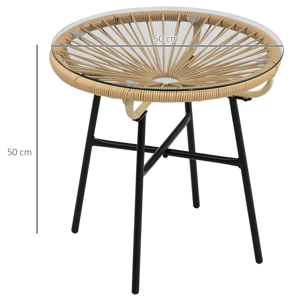 OUTSUNNY Rattan Side Table with Round PE Rattan & Tempered Glass Table Top in Beige 3