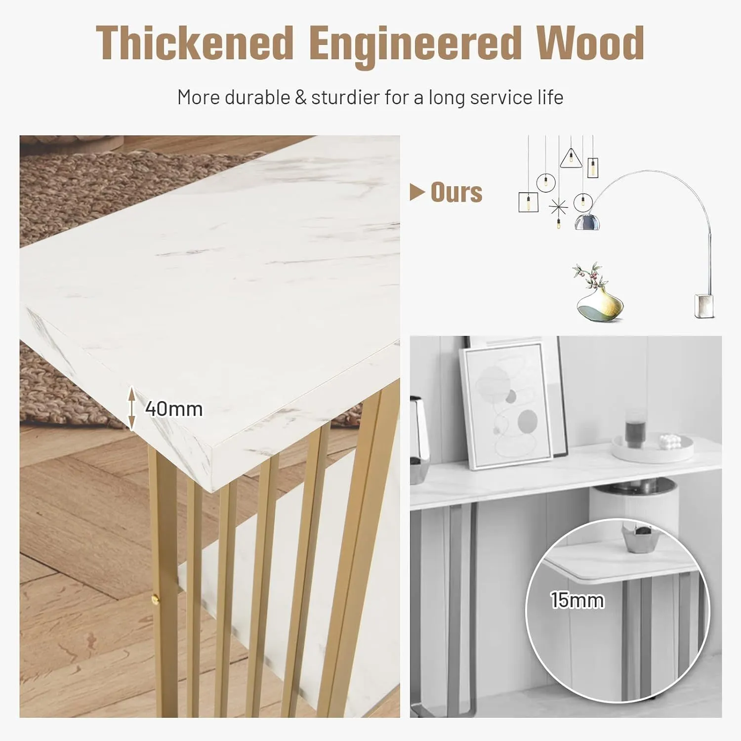Costway 2-tier Console Table White Faux Marble Sofa Table Modern Entryway Hallway Narrow Table 3