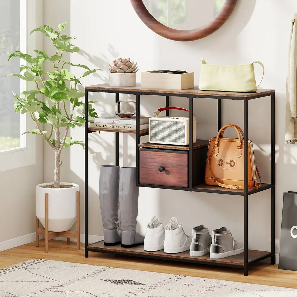 Costway 100CM Console Table Entryway Table with Drawer & 4-Tier Display Shelf in Brown