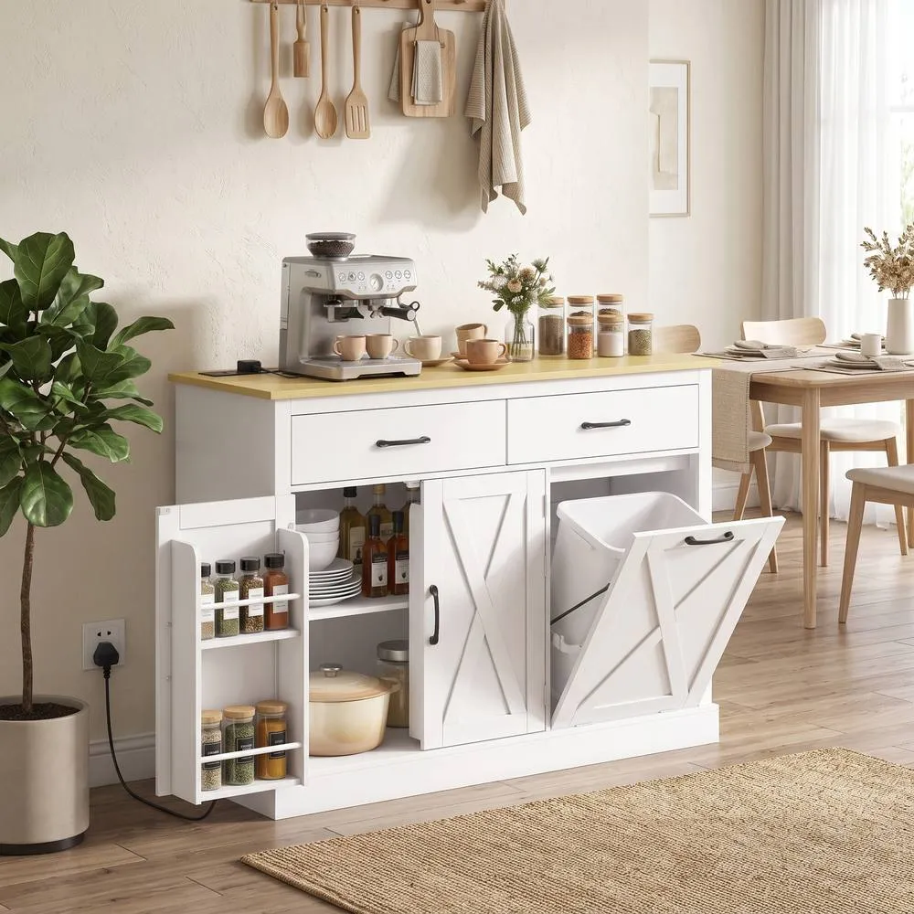 HOMCOM Tilt Out Trash Cabinet with Charging Station & Storage, White 2