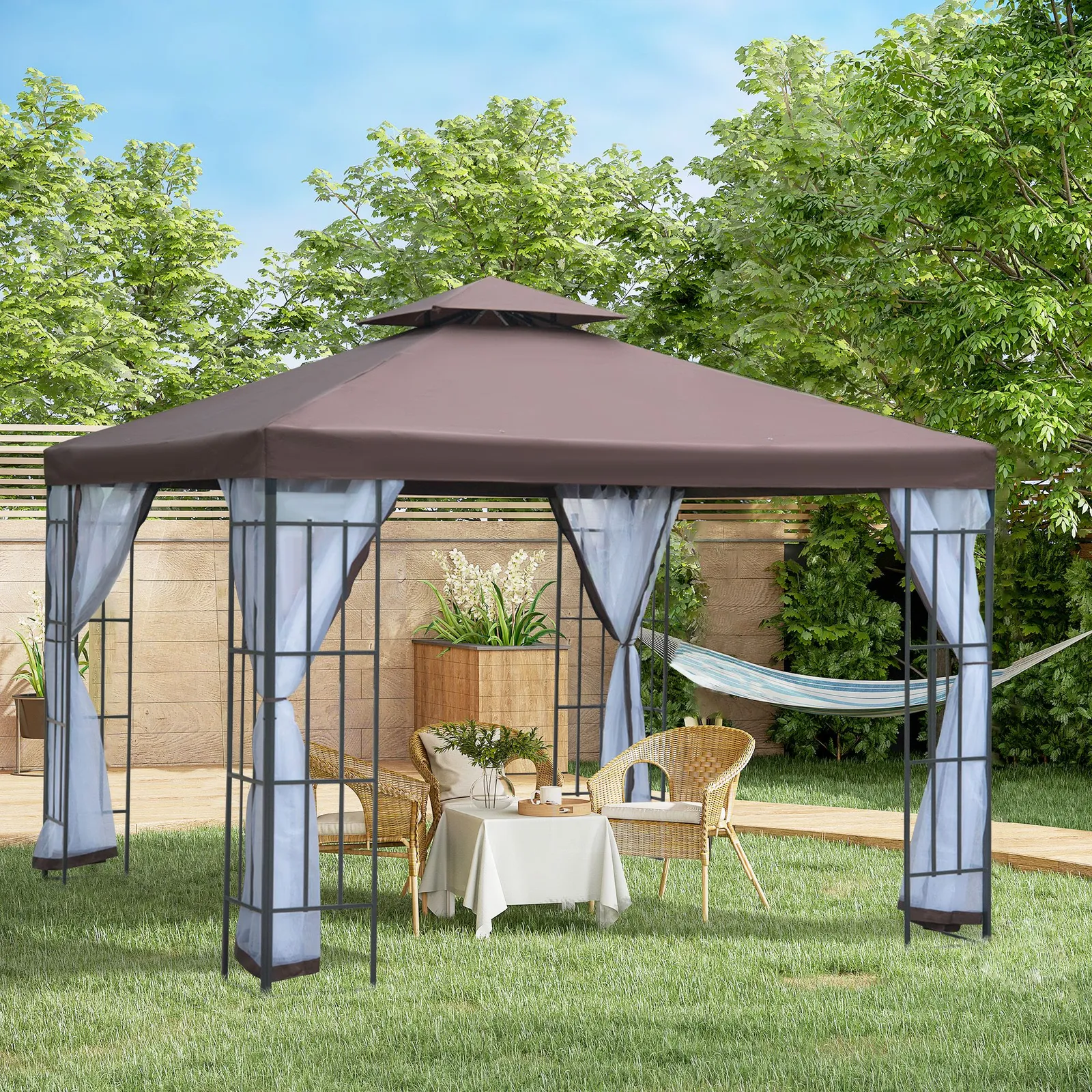OUTSUNNY 3 x 3(m) Patio Gazebo Canopy Garden Pavilion with 2 Tier Roof in Brown
