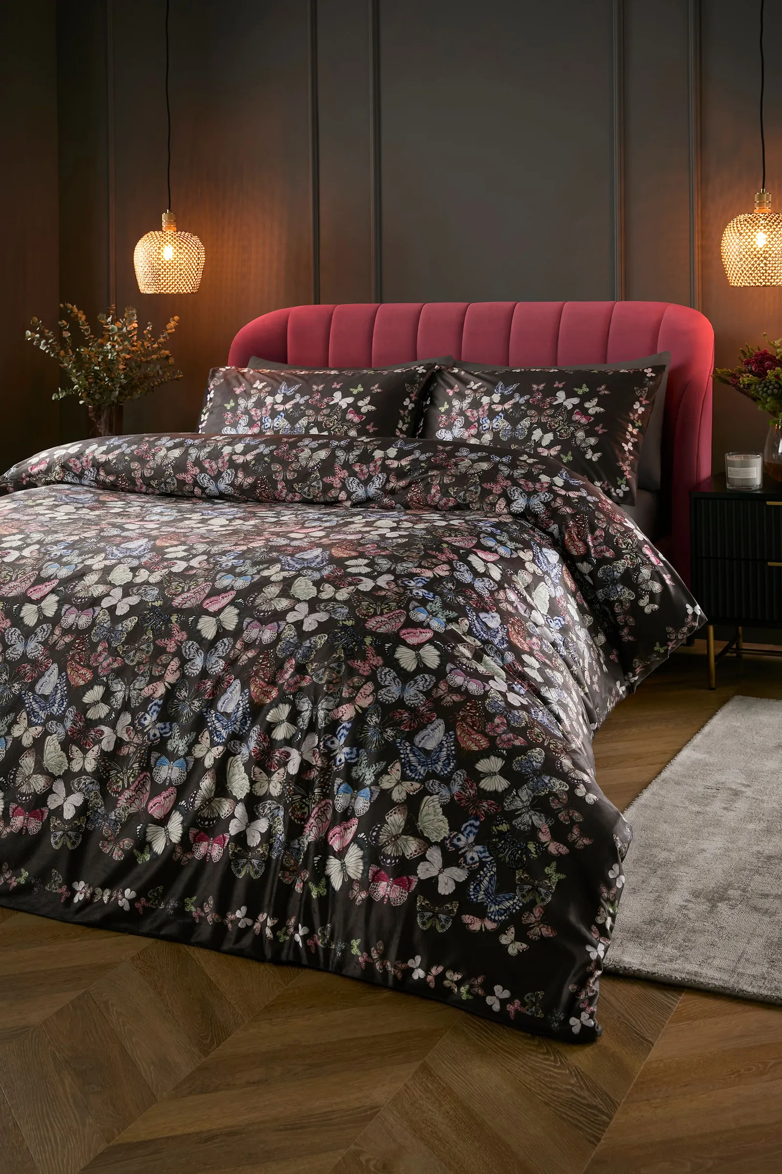 Soiree 'Papillon' Butterfly Print Velvet Duvet Cover Set in Charcoal