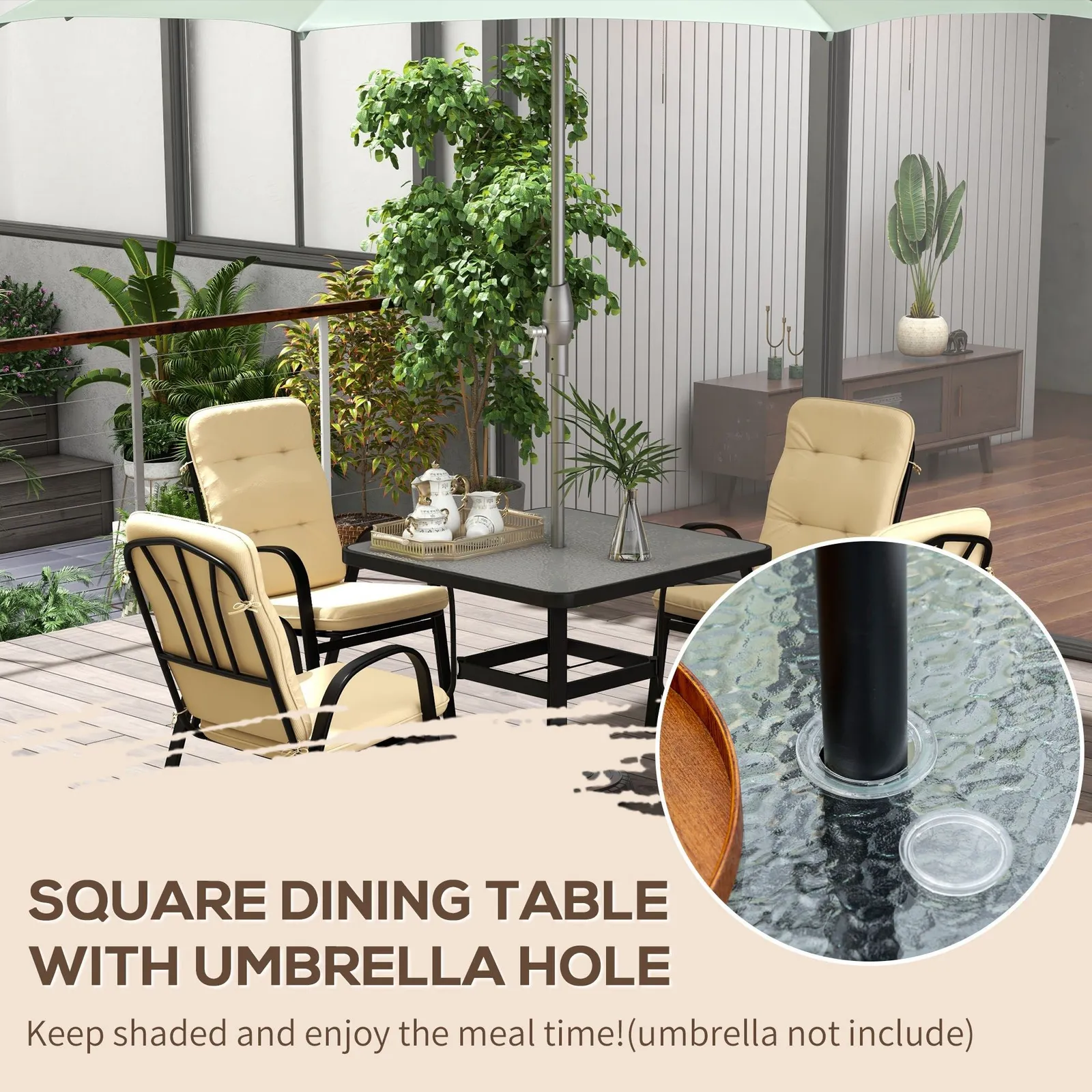 OUTSUNNY Garden Dining Set, Glass Table w/ Umbrella Hole in Beige 4