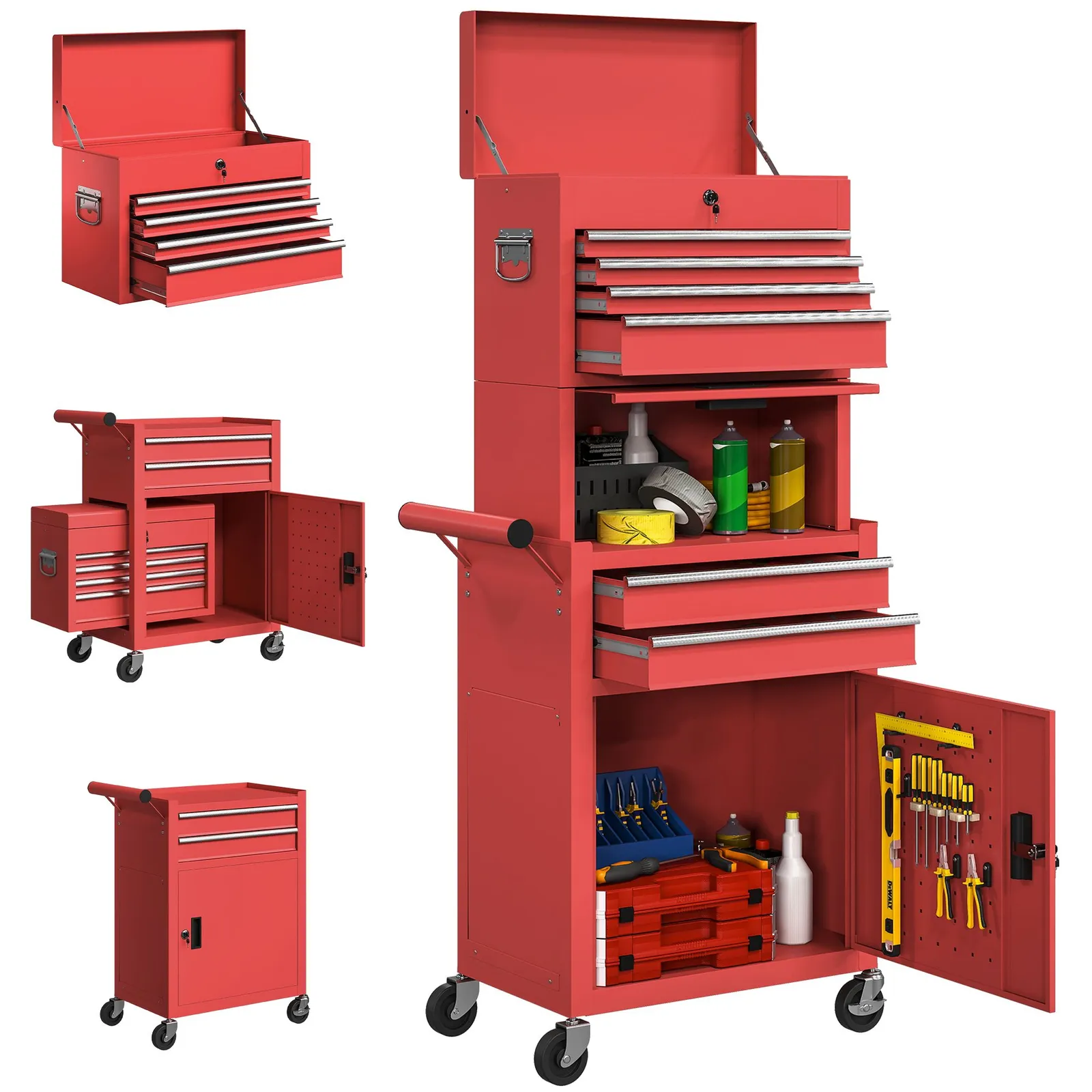 HOMCOM Tool Cabinet with 6 Drawers, 3-in-1 Rolling Tool Chest with Wheels in Red 2