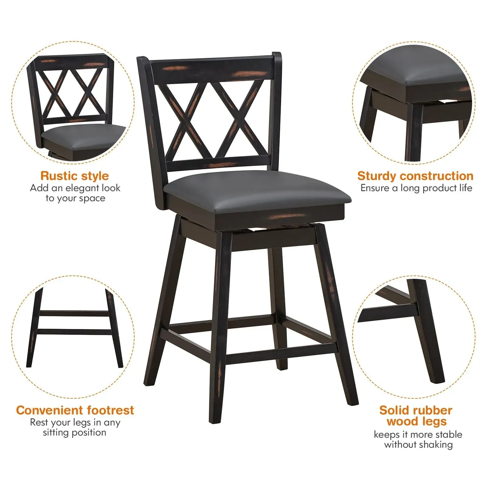 Costway Set of 2 Bar Stools Counter Height Chair Pub 360 °Swiveling Upholstered Seat 24" in Black 5