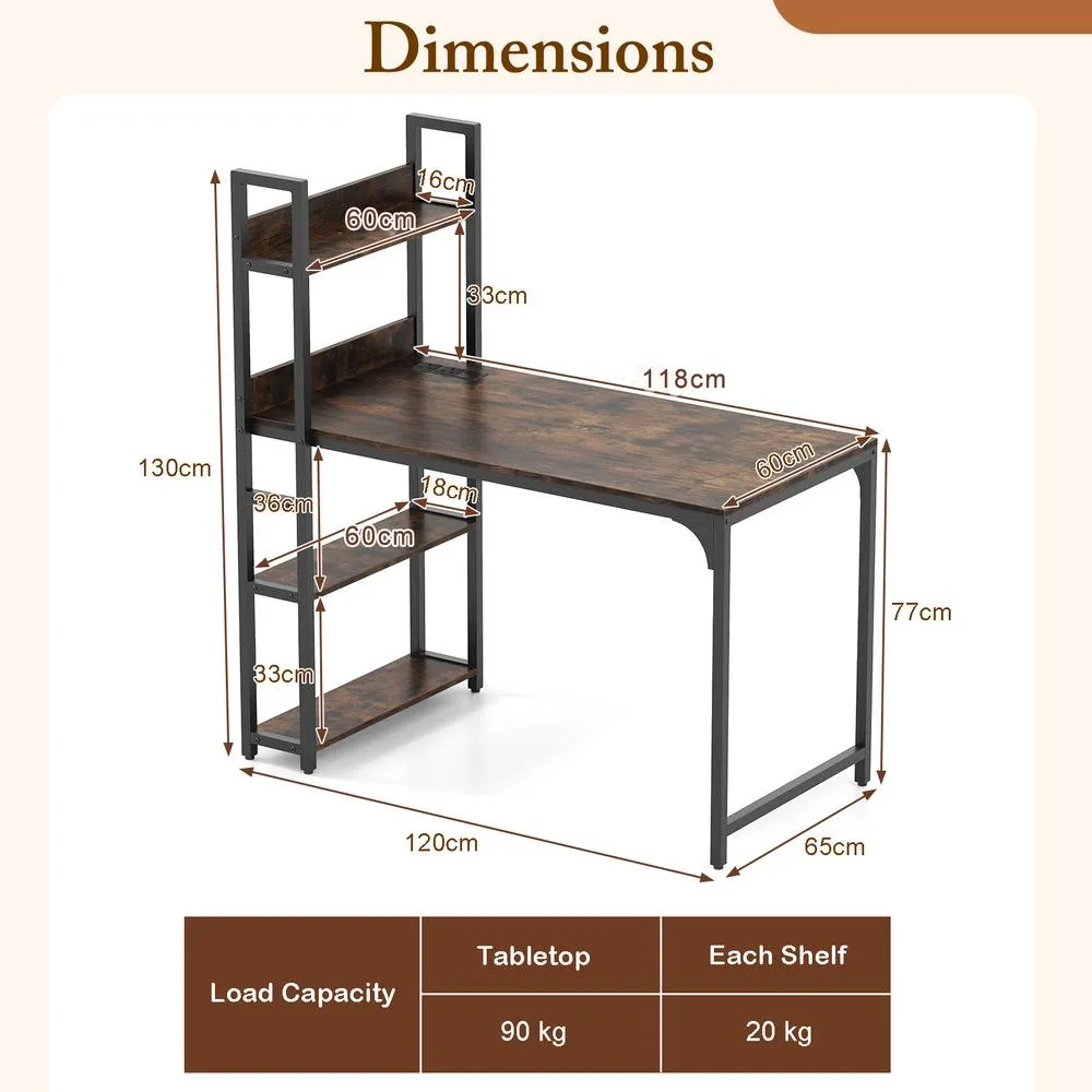 Costway Computer Desk 120 CM Study Writing Desk with Charging Station-Brown in Brown 3