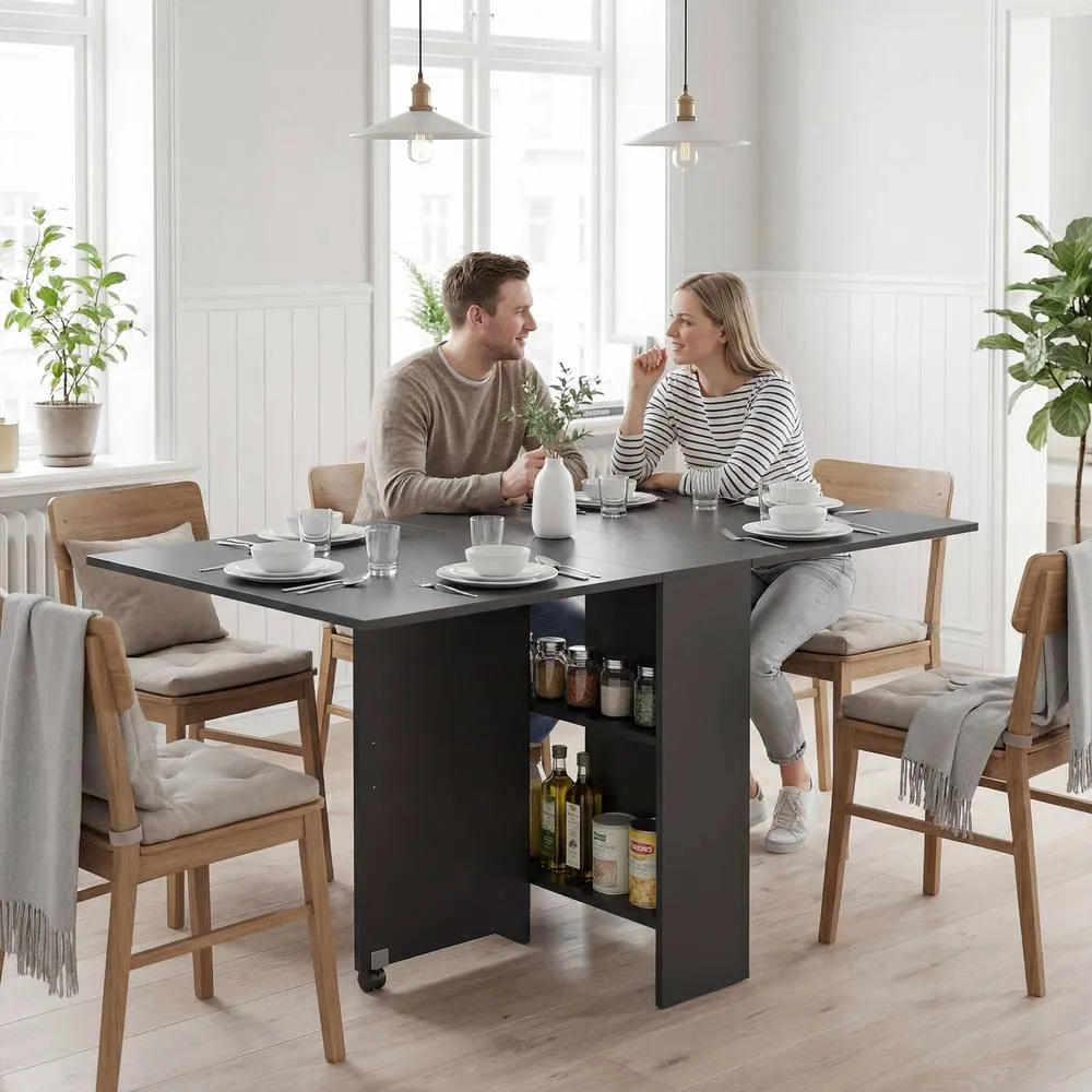 HOMCOM 80-140 cm Folding Dining Table for 4-6 Drop Leaf Table Black 2