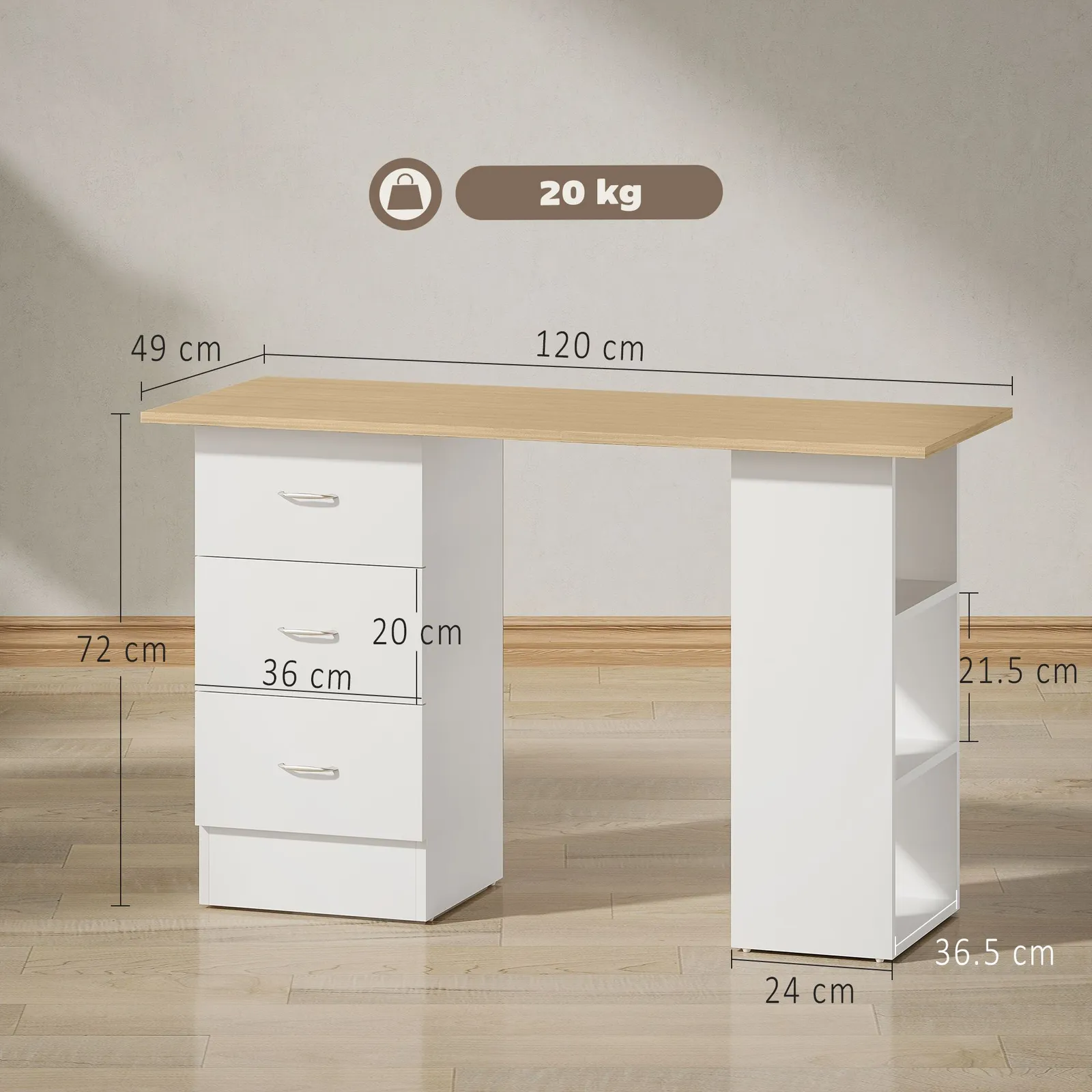 HOMCOM 120cm Computer Desk, Study Table with 3 Shelf & Drawers in Natural 3