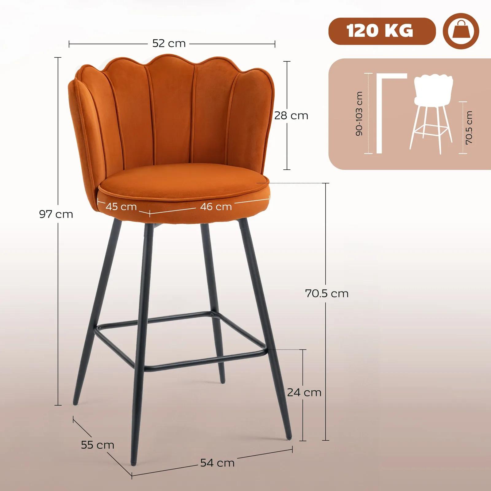 HOMCOM Set of 2 Barstools with Petal Backrest for Kitchen Island Orange 3