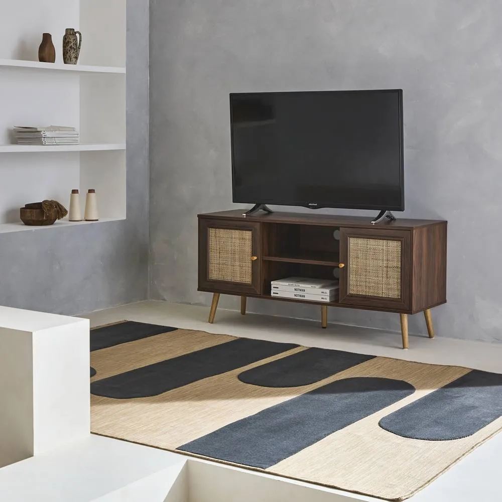 sweeek 120cm Tv Unit Wooden & Cane Effect 2 Doors in Dark Brown 1