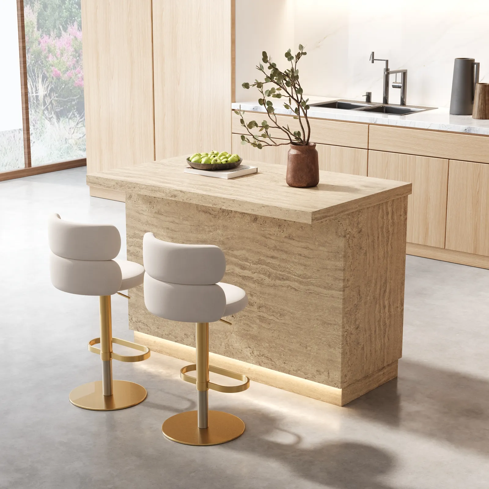 1270mm Japandi Kitchen lsland   Matte Travertine Wooden Storage Kitchen Cabinet with Light