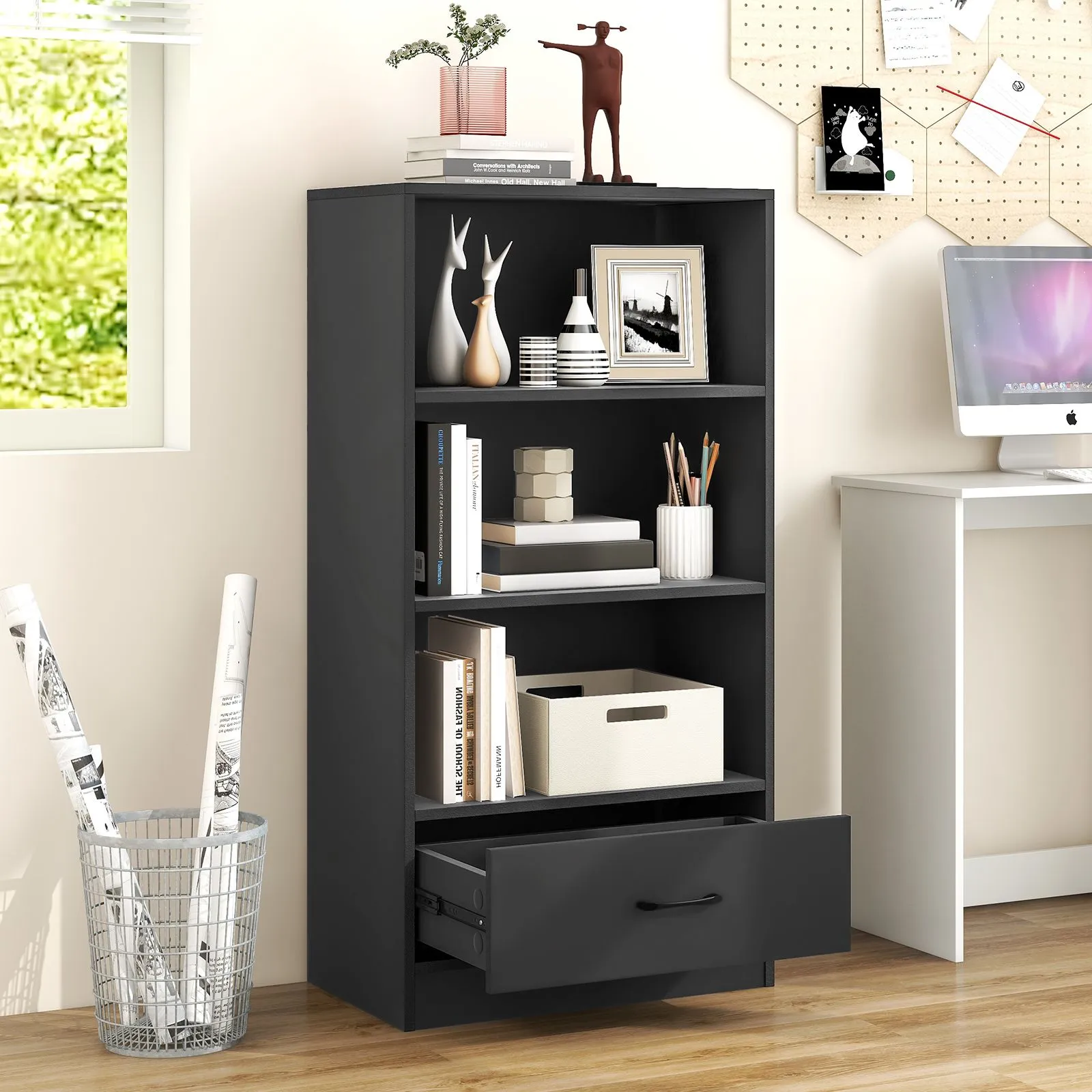 Costway 4 Tiers Storage Shelf Wood Bookcase Floor Standing Display Shelf with Drawer in Grey 4
