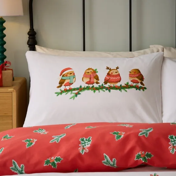 Catherine Lansfield Christmas Robins Polycotton Duvet Cover & Pillowcase Set 4
