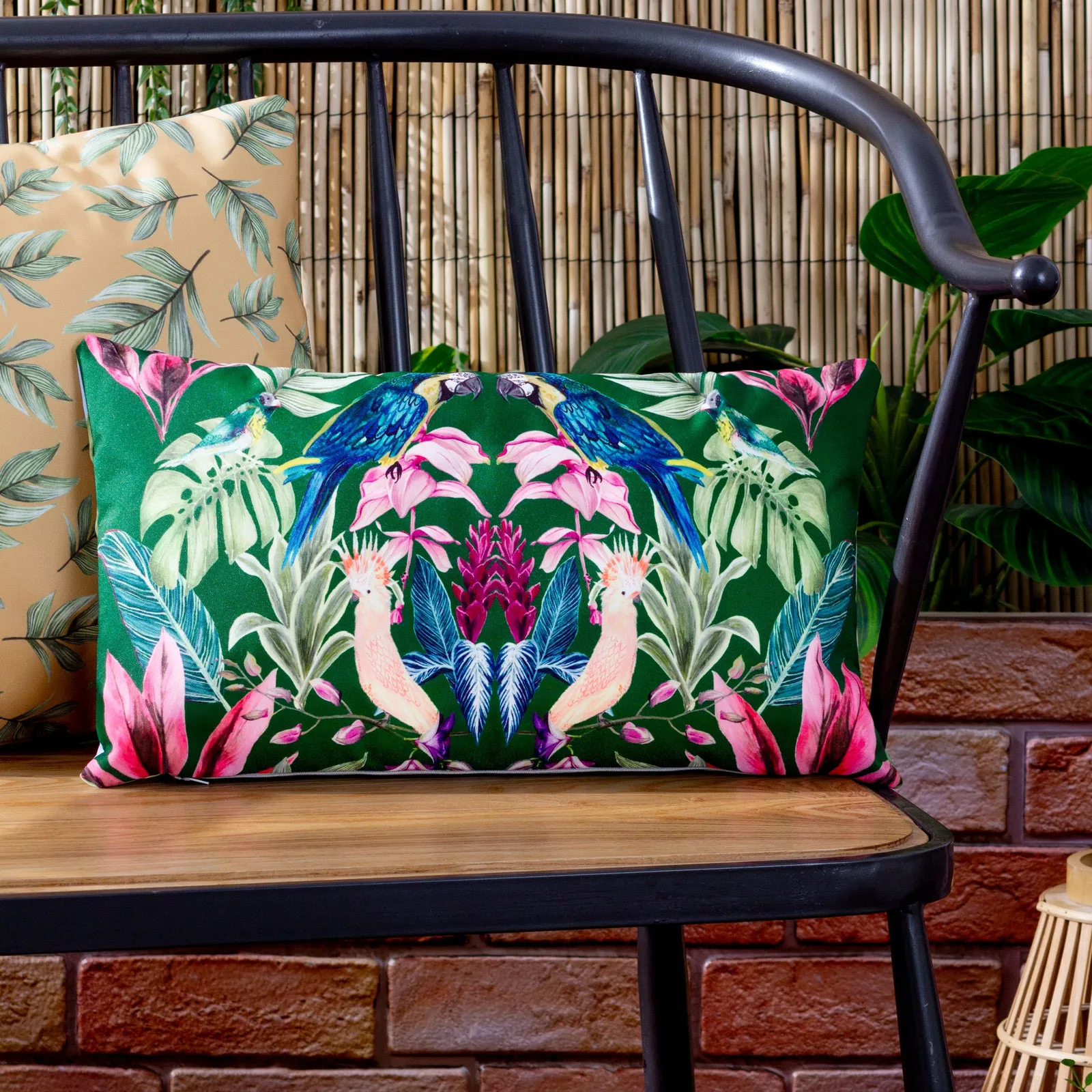 Wylder Tropics Kali Birds Exotic Water & UV Resistant Outdoor Cushion in Dark Green