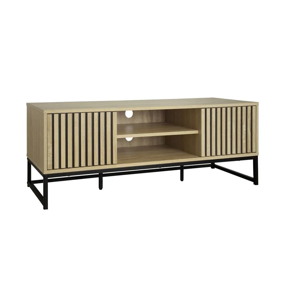 sweeek 120cm TV unit grooved wooden effect & metal 2 doors in Beige 2