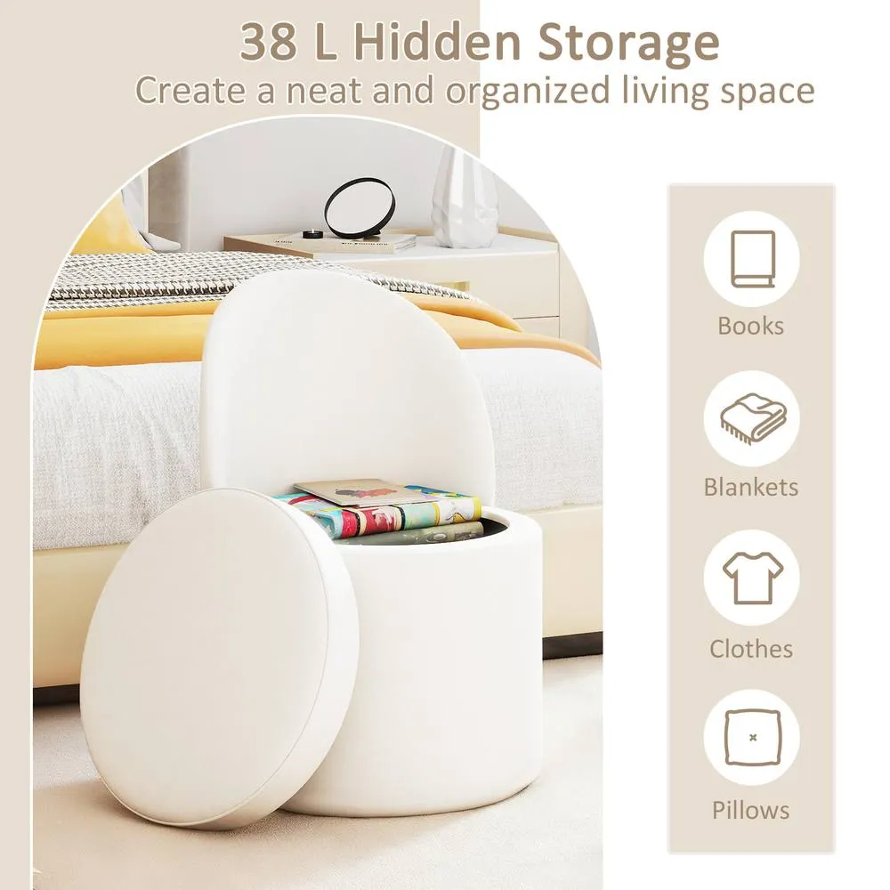 Costway 38 L Storage Ottoman Faux Velvet Vanity Stool with Backrest in White 5