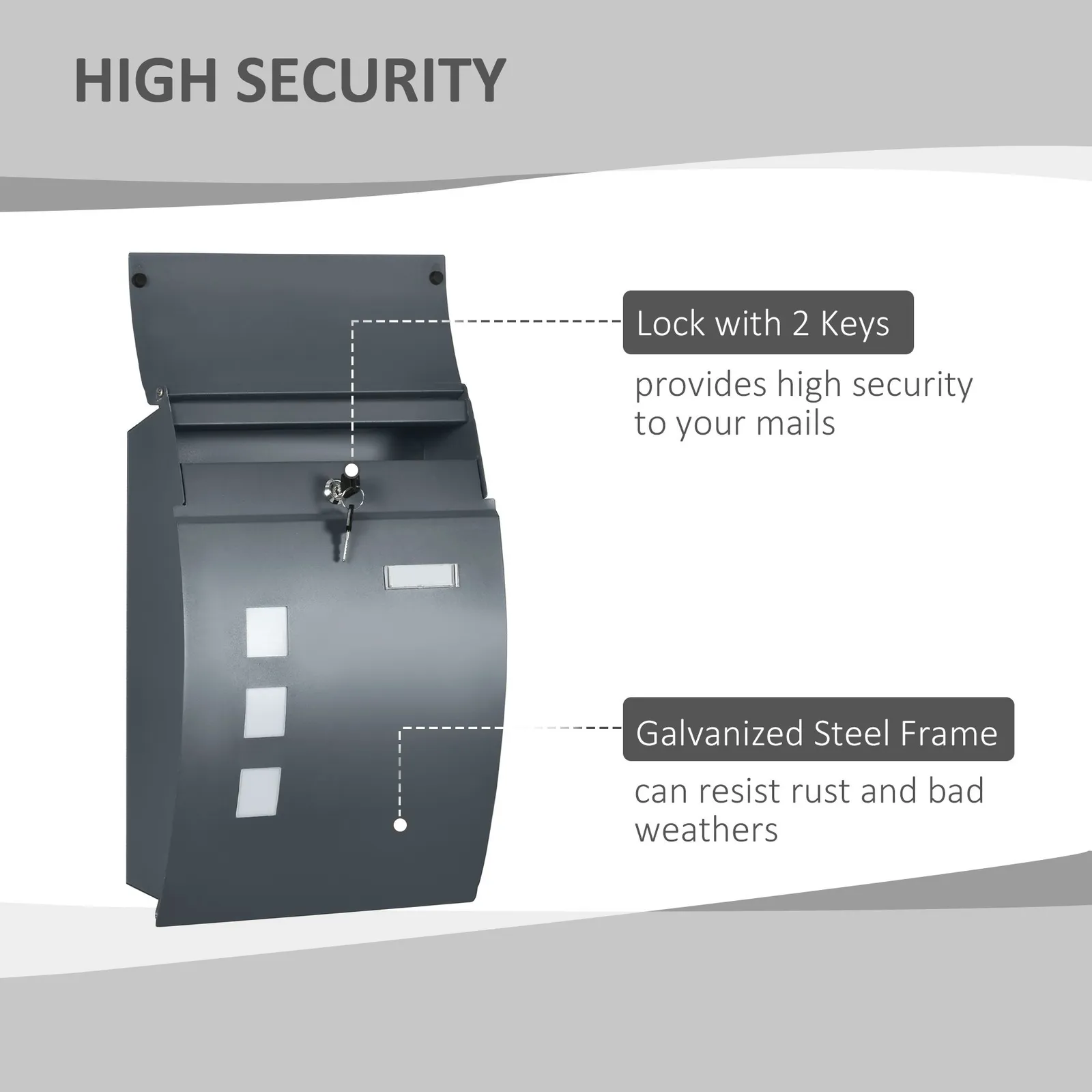 HOMCOM Wall Mounted Letter Box Mailbox with 2 Keys Nameplate Anthracite Grey 4