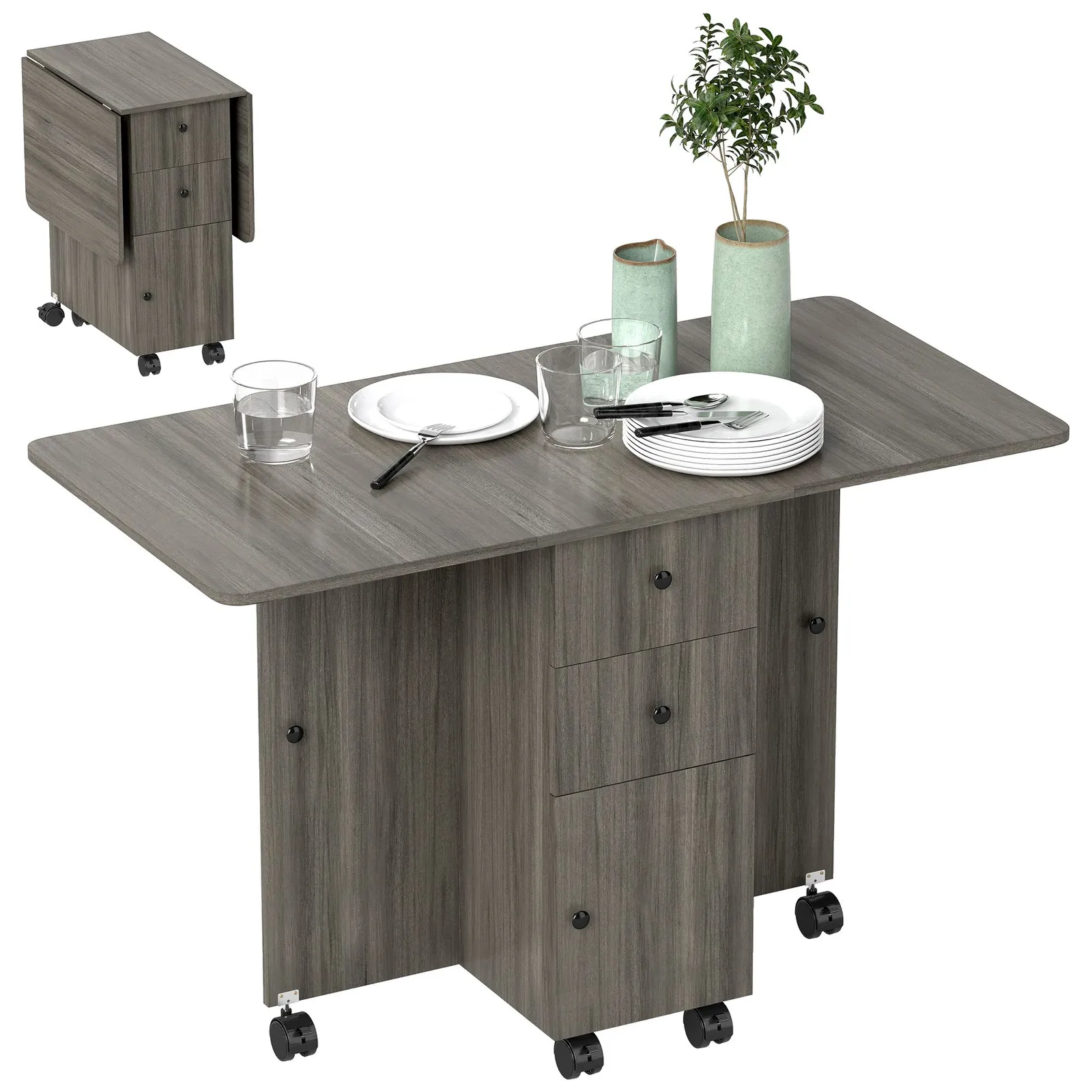 HOMCOM Folding Dining Table, Drop Leaf Table With Storage Drawers in Grey 2
