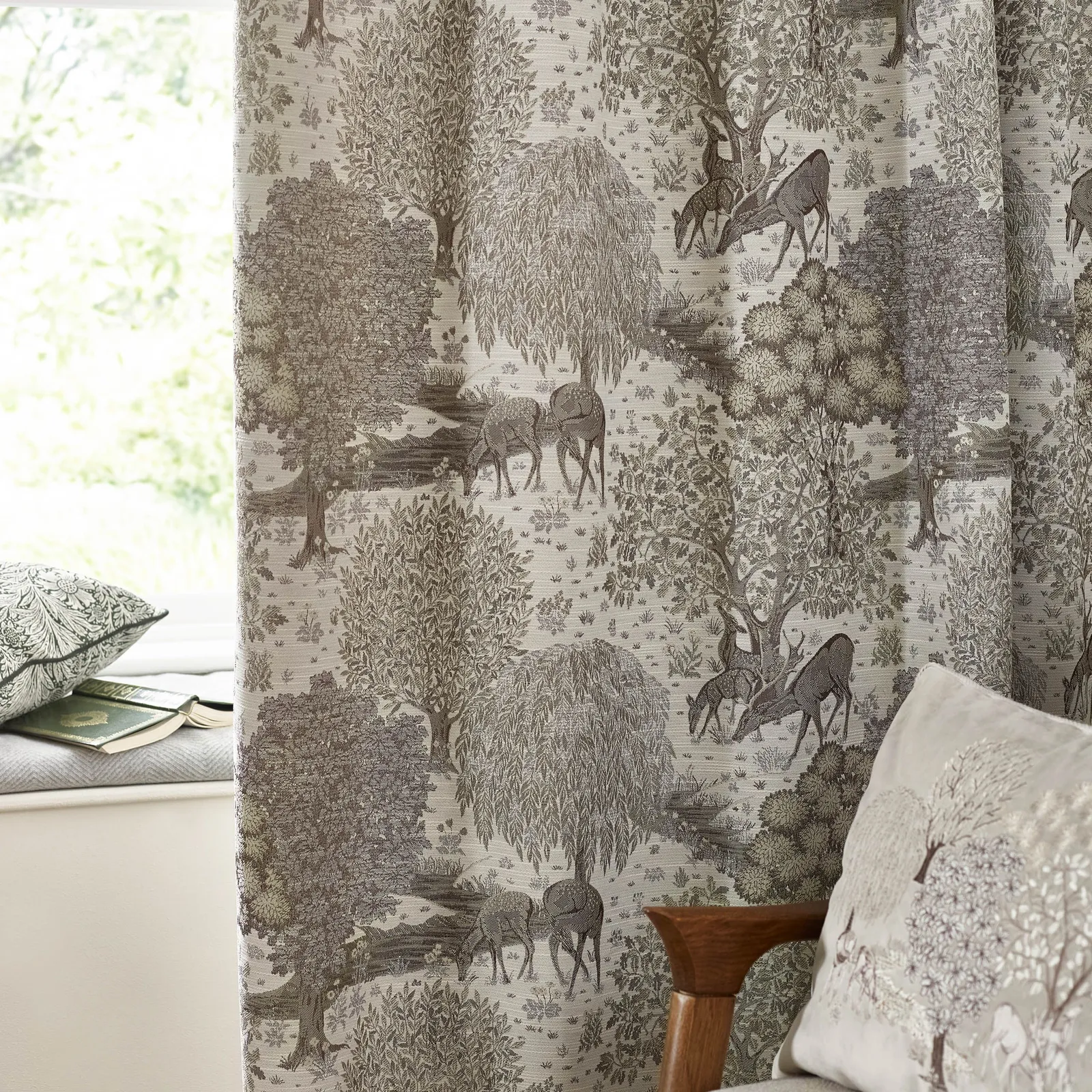 Morris & Co Brook Woodland Jacquard Room Darkening Pencil Pleat Curtains in Beige 5