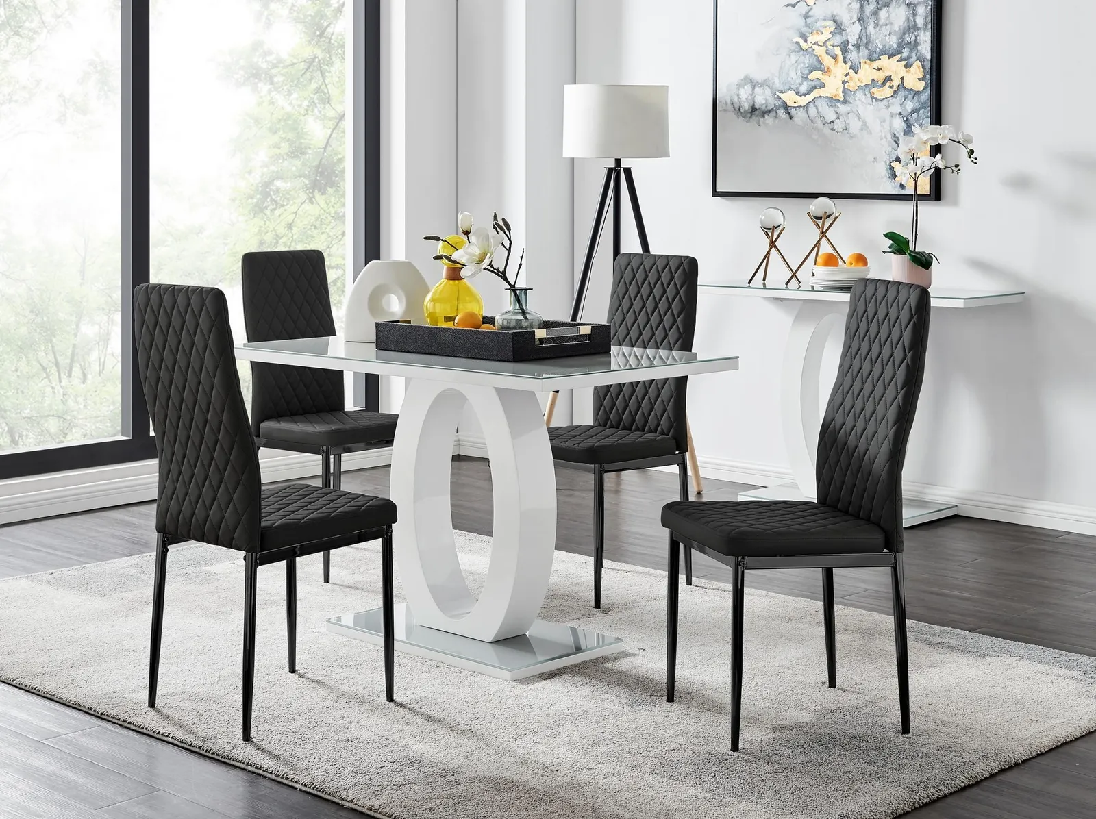 FurnitureboxUK Giovani 4 Grey Dining Table & 4 Milan Black Leg Chairs 1