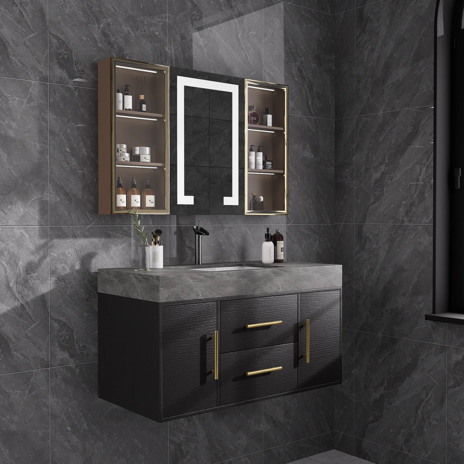 1000mm Floating Ceramic Sink & Stone Top in Black  & Bathroom Cabinet Vanity