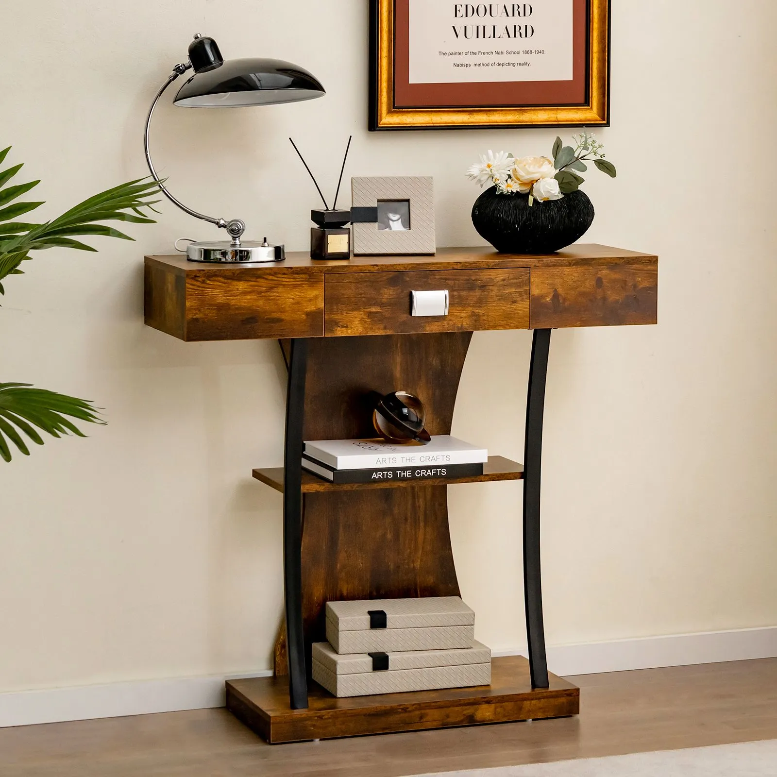 Costway T-Shaped Industrial Console Table Narrow Sofa Side Table Entryway Display Shlves in Brown 3