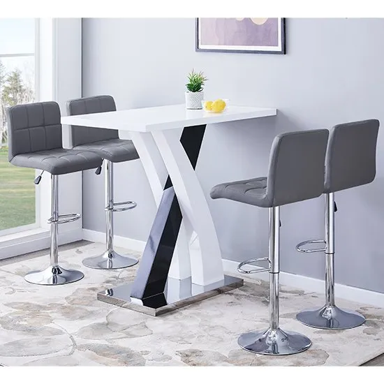 Axara Gloss Bar Table In White Black With 4 Coco Grey Stools