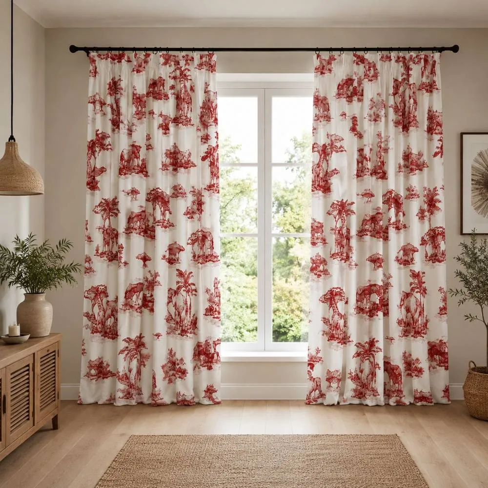 Smart Living Safari Toile Curtains Pair with Tie Backs - African Wildlife Print in Red