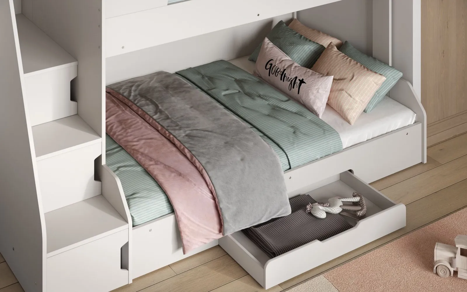 Flair Slick Staircase Triple Bunk Bed with Storage in White 2
