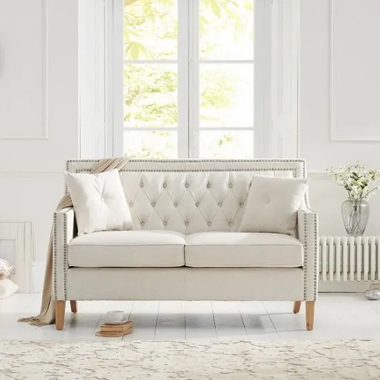 Ballark Fabric 2 Seater Sofa In Ivory White And Natural Ash Legs