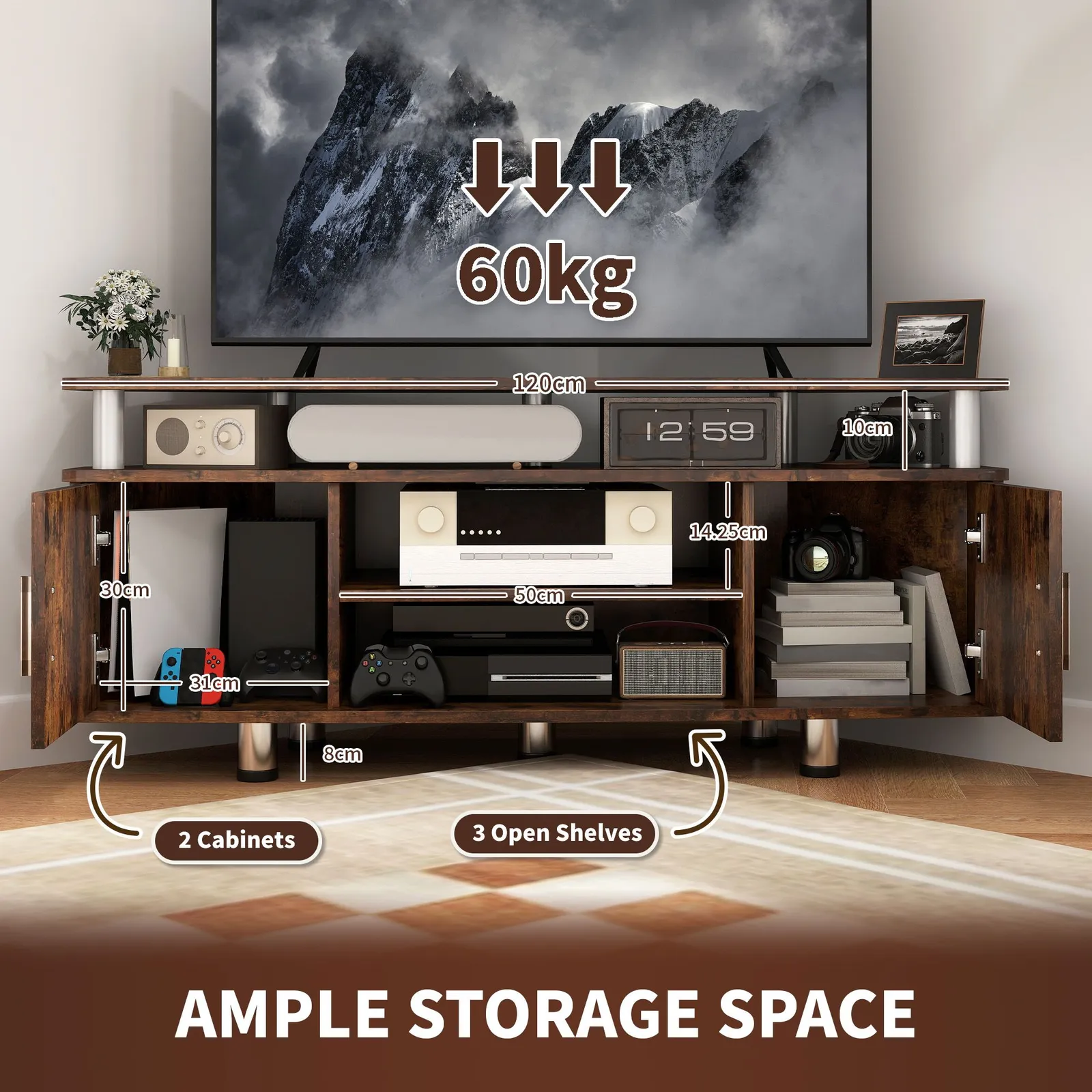 HOMCOM TV Unit Cabinet with Storage Shelves Entertainment Center Rustic Brown 4