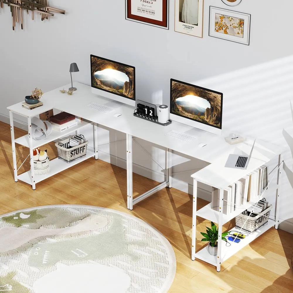 Costway L-shaped Computer Desk Reversible Corner Desk w/Adjustable Shelf-White in White